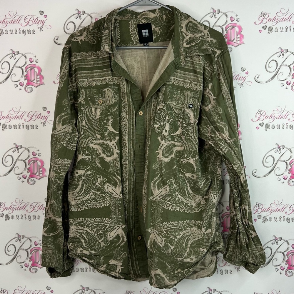 Insight button down long sleeve floral green Olive Paisley shirt collared